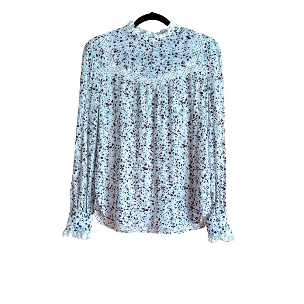 LOFT~ Floral Lace‎ Button Collar High Neck Prarie Top Size Small